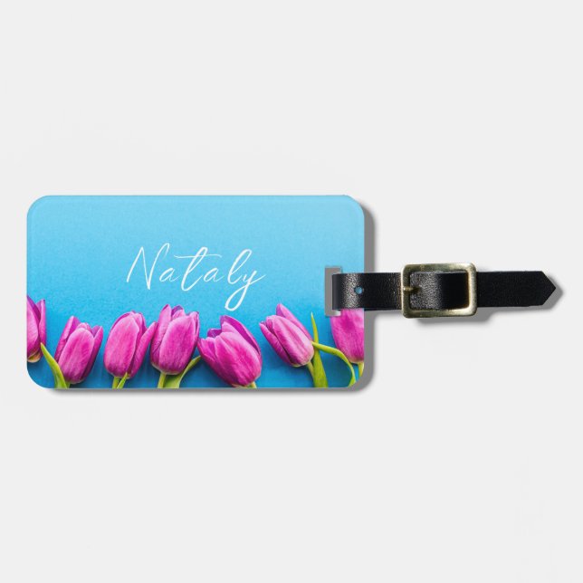 Pink tulips on a blue background luggage tag (Front Horizontal)
