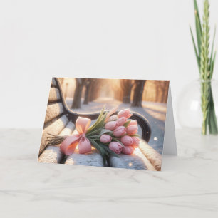 Pink Tulips On a Snowy Bench Thinking of You Card