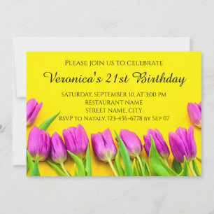 Pink tulips on a yellow background invitation