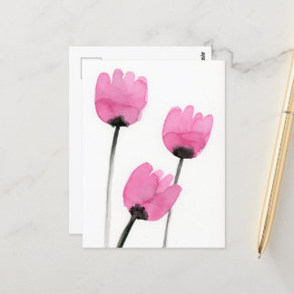 Pink Tulips Postcard, Watercolor Flowers Painting Postcard