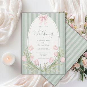 Pink Tulips Sage Green Stripe Vintage Wedding Invitation
