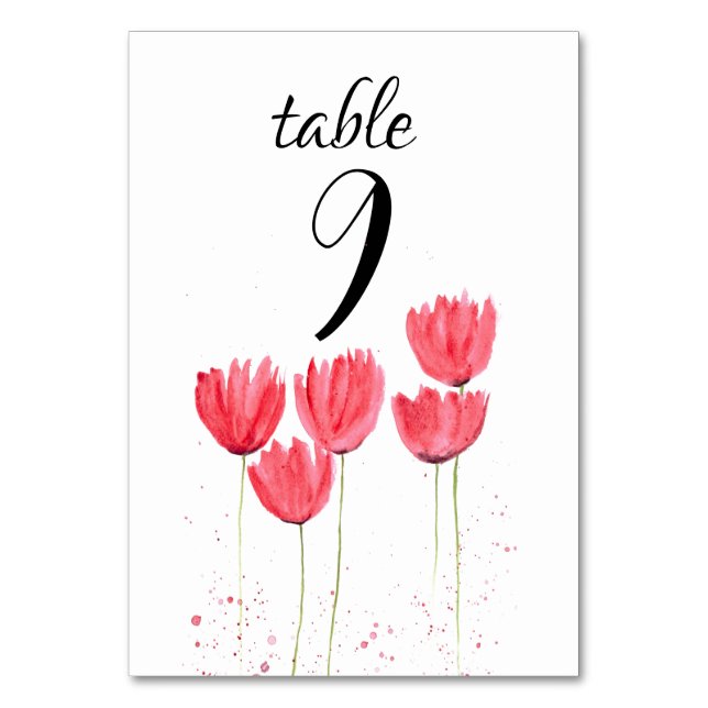 Pink Tulips Spring Floral Flowers Wedding Table Number (Front)