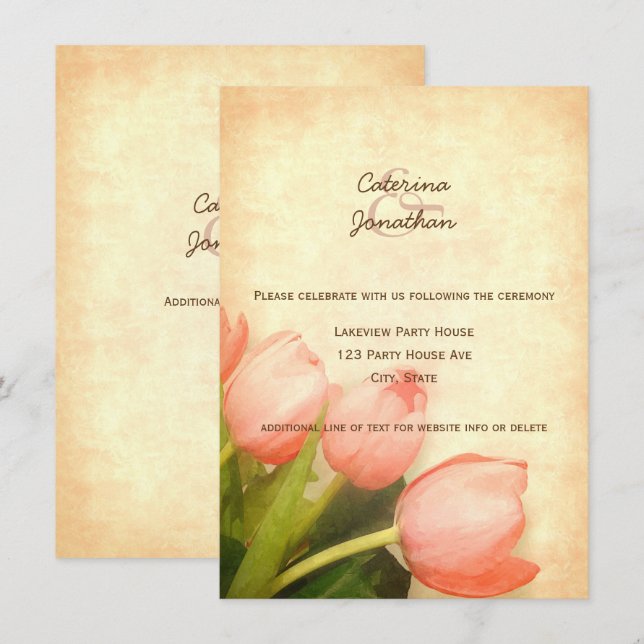 Pink tulips spring wedding reception invitation (Front/Back)