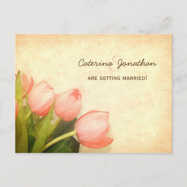 Pink tulips spring wedding save the date announcement postcard (Front)