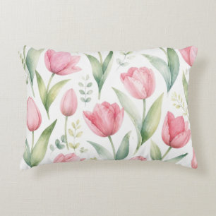 Pink Tulips Watercolor Floral Painting Botanical Accent Pillow