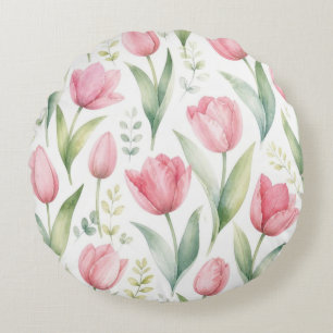 Pink Tulips Watercolor Floral Painting Botanical Round Pillow