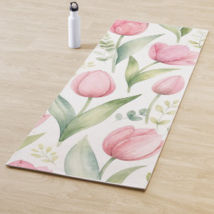 Pink Tulips Watercolor Floral Painting Botanical Yoga Mat