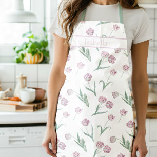 Pink Tulips Watercolor Flowers Apron