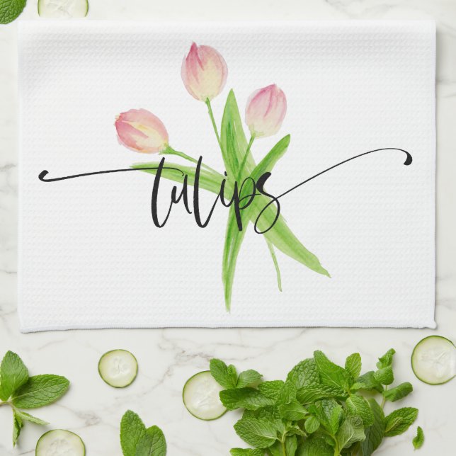 Pink Tulips Watercolor Kitchen Towel (Folded)
