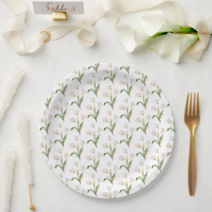 Pink Tulips Watercolors Floral Baby Shower Paper Plate
