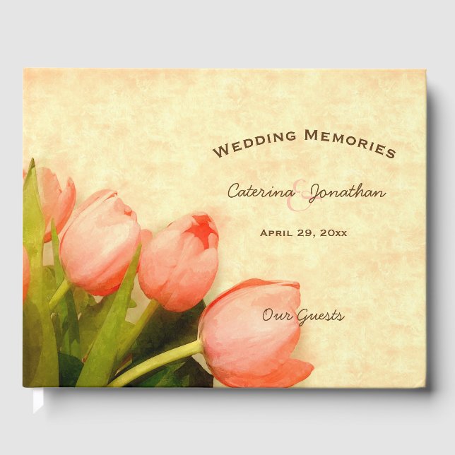 Pink tulips wedding guests memories guest book (Front)