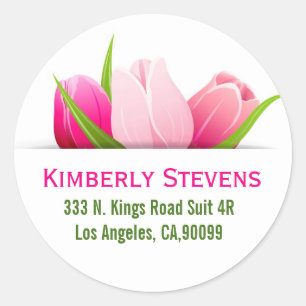 Pink Tulips White Damasks Background Classic Round Sticker