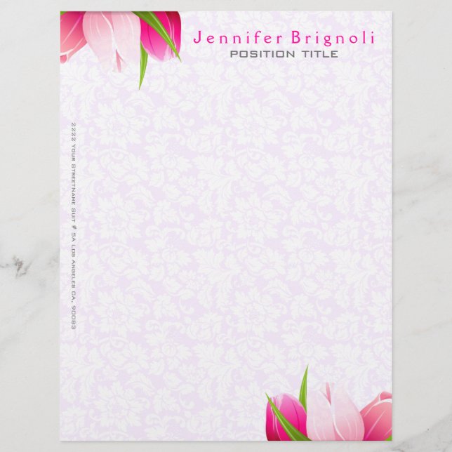 Pink Tulips White Damasks Background Letterhead (Front)