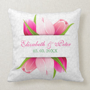 Pink Tulips White Damasks Background Throw Pillow