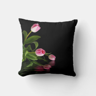 Pink Tulips with Black Water Reflection Throw Pillow