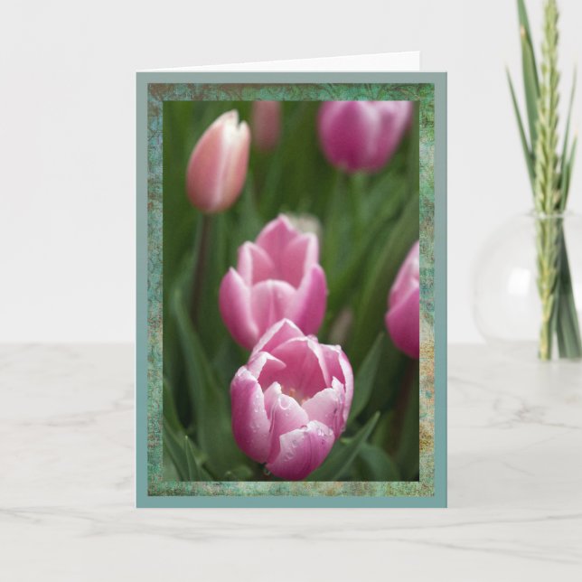 Pink tulips with dewdrops card (Front)