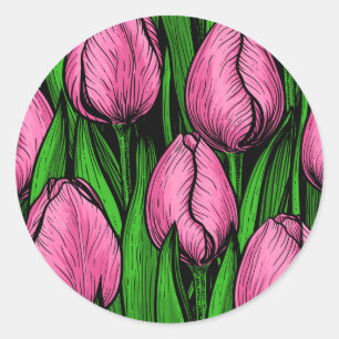 Pink tulips with green leaves classic round sticker