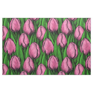 Pink tulips with green leaves fabric