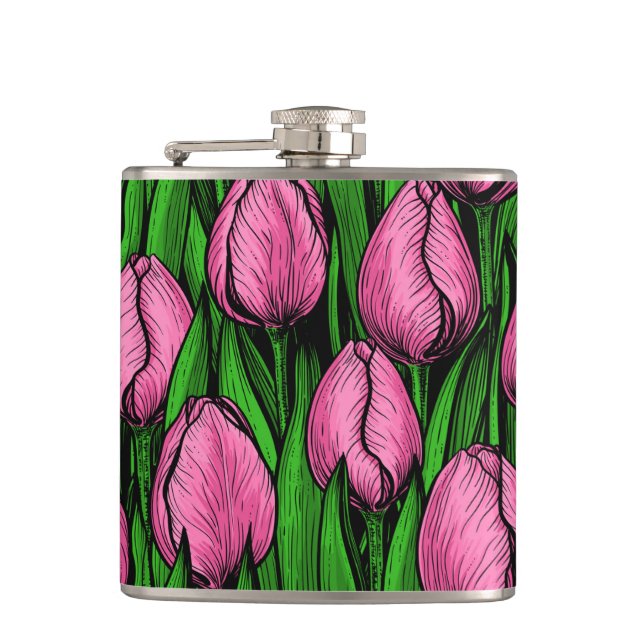 Pink tulips with green leaves hip flask (Front)
