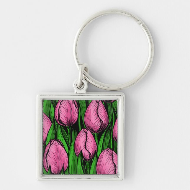 Pink tulips with green leaves keychain (Front)