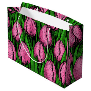 Pink tulips with green leaves large gift bag