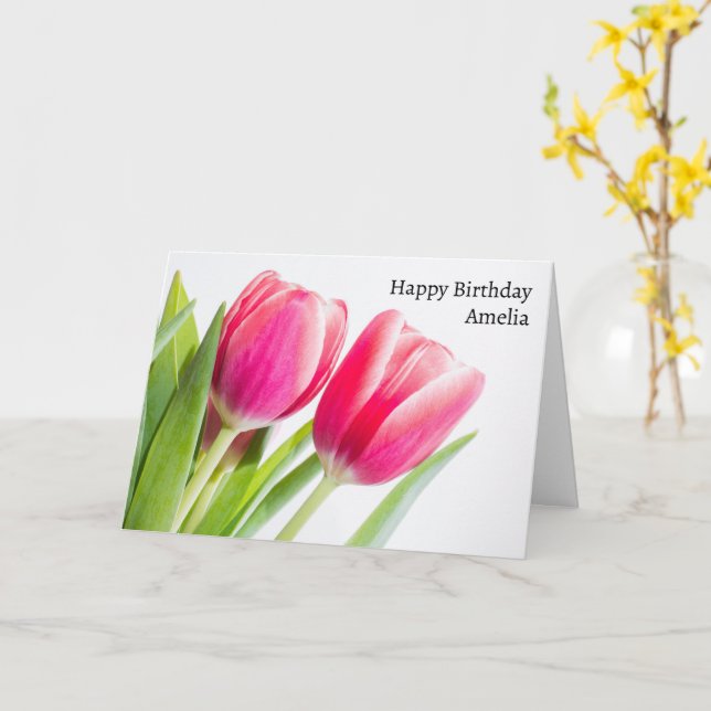 Pink Tulips with Green Leaves Photo Birthday Card (Yellow Flower)