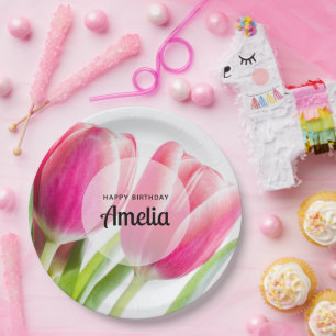 Pink Tulips with Green Leaves Photo Birthday Paper Plate
