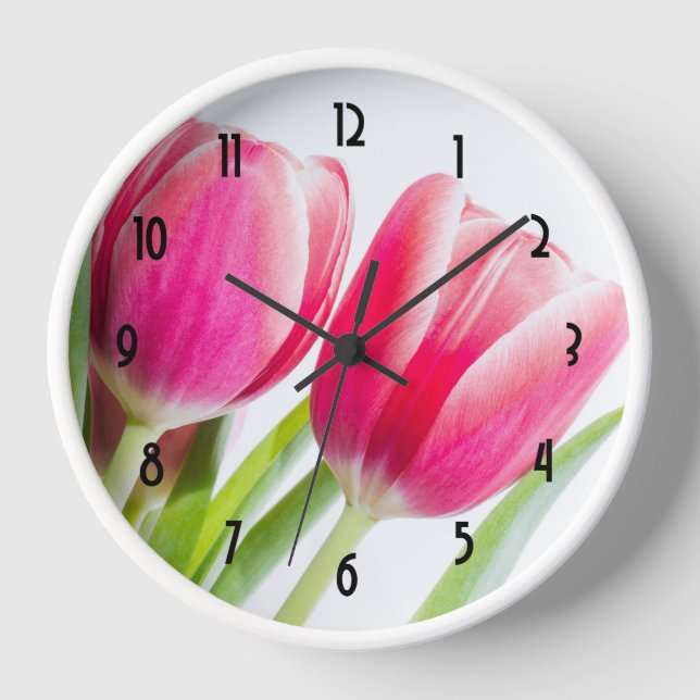 Pink Tulips with Green Leaves Photo Clock (Front)