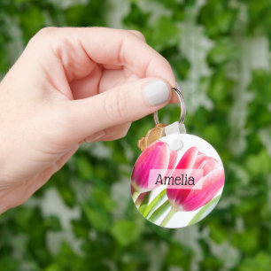Pink Tulips with Green Leaves Photo Keychain