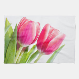 Pink Tulips with Green Leaves Photo Kitchen Towel