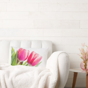 Pink Tulips with Green Leaves Photo Lumbar Pillow