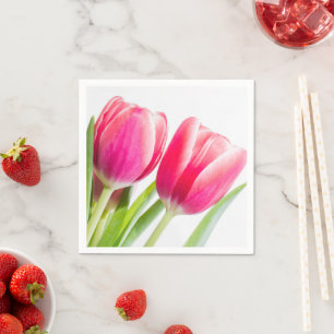 Pink Tulips with Green Leaves Photo Napkin