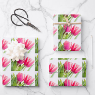 Pink Tulips with Green Leaves Photo Pattern Wrapping Paper Sheet