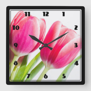 Pink Tulips with Green Leaves Photo Square Wall Clock