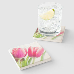 Pink Tulips with Green Leaves Photo Stone Coaster