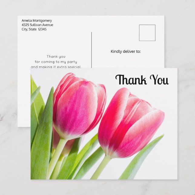Pink Tulips with Green Leaves Photo Thank You Postcard (Front/Back)