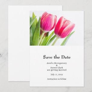 Pink Tulips with Green Leaves Photo Wedding Save The Date