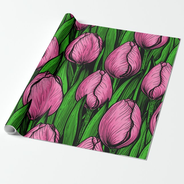 Pink tulips with green leaves wrapping paper (Unrolled)