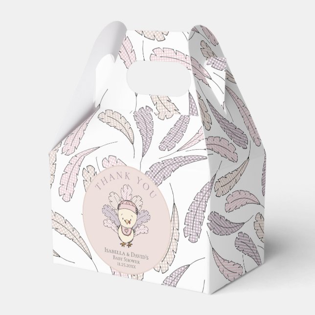 Pink Turkey & Feathers Fall Girl Baby Shower Favor Box (Front Side)