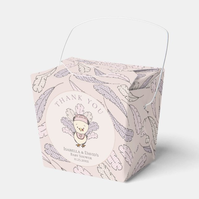 Pink Turkey & Feathers Fall Girl Baby Shower Favor Box (Front Side)