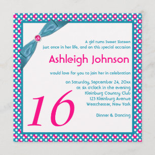 Pink, Turquoise and White Polka Dot Sweet 16 Invitation