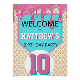 Pink Turquoise Baseball Drip Birthday Welcome Sign