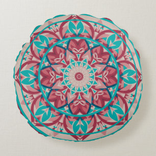 Pink & Turquoise Boho Mandala Round Pillow