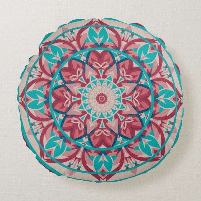 Pink & Turquoise Boho Mandala   Round Pillow (Front)