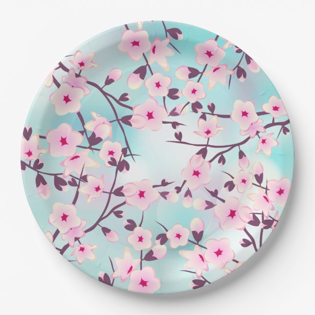 Pink Turquoise  Cherry Blossoms Paper Plate (Front)
