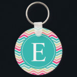 Pink Turquoise Chevron Monogram Keychain<br><div class="desc">Customise this vibrant pink,  aqua and turquoise zig zag chevron pattern monogram banner with the letter of your choice.</div>