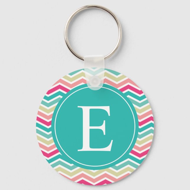 Pink Turquoise Chevron Monogram Keychain (Front)