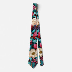 Pink Turquoise Cream Flowers and Berries Neck Tie