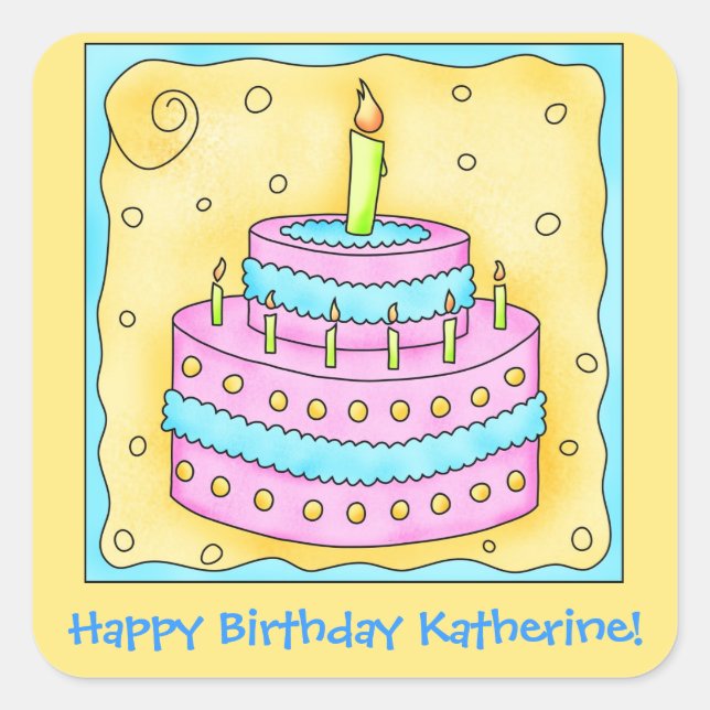 Pink Turquoise Custom Name Happy Birthday Cake Square Sticker (Front)
