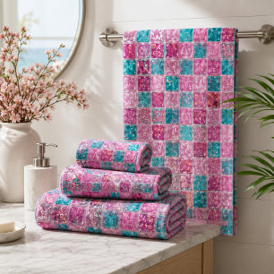 Pink Turquoise Glitter Mosaic Sparkly Glam Bath Towel Set